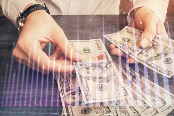 Multi Blootstelling Van Financiële Grafiek Tekenen Hologram Amerikaanse Dollars Rekeningen — Stockfoto