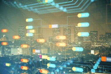 Veri temalı hologram gökdelenler arka planda çoklu pozlama ile şehir görünümüne çizim yapıyor. Ai kavramı.