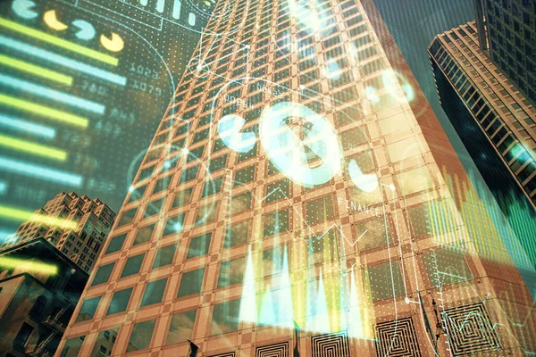 Tema Datos Holograma Dibujo Vista Ciudad Con Rascacielos Fondo Multi — Foto de Stock