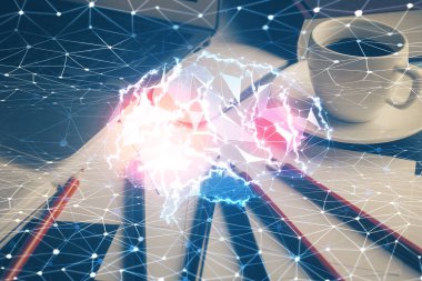 Masaüstü bilgisayarı ve insan beyni hologram çiziyor. Ai kavramı.