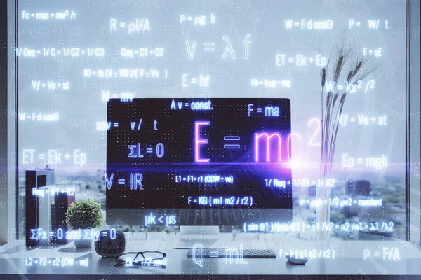 Desktop Computer Background Formula Hologram Writing Double Exposure Education Concept — Stock Photo, Image