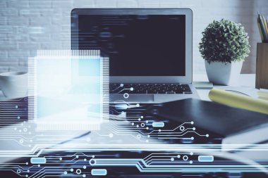 Kişisel bilgisayar ve teknik tema çizimi ile masaüstü çok açıkta. Büyük Veri Kavramı.