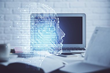 Bilgisayar ve insan beyninin hologram çizdiği çalışma alanının iki katına çıkarılması. Beyin fırtınası konsepti.