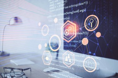 Masaüstü bilgisayarı ve teknoloji temalı holograma çift pozlama. Yazılım geliştirme kavramı.