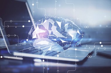 Bilgisayar ve insan beyin hologramıyla çalışma alanının çoklu açığı. Beyin fırtınası konsepti.