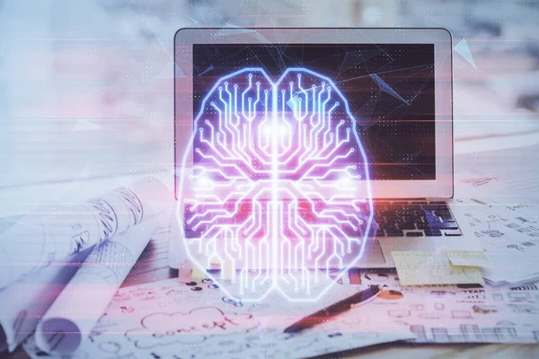 Multi Exposição Espaço Trabalho Com Computador Holograma Cérebro Humano Conceito — Fotografia de Stock