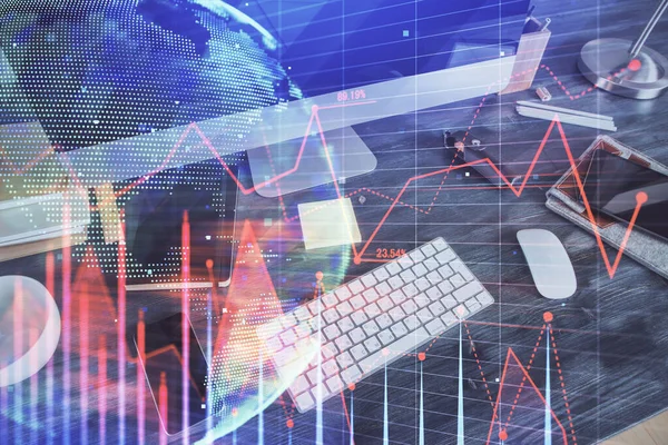 Multi exposure of graph and financial info and work space with computer background. Concept of international online trading.