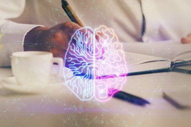 Erkek eli geçmişi olan beyin çoklu pozlama ikonu. Öğrenme kavramı.