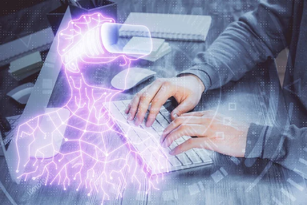 AR hologram with man working on computer on background. Augmented reality concept. Double exposure.