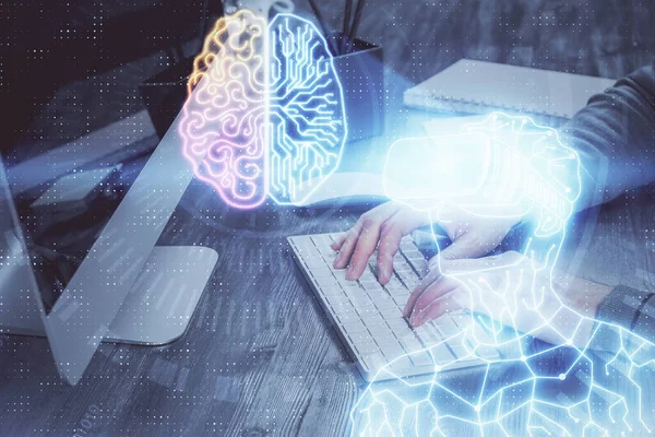 Holograma Com Homem Trabalhando Computador Segundo Plano Conceito Realidade Aumentada — Fotografia de Stock