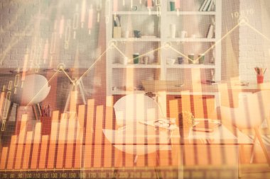 Finansal grafik çizimine ve ofis içi arka planına çifte maruz kalma. Borsa konsepti.