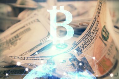 Şifreli temanın çoklu pozu bize dolar banknotları arkaplanı çiziyor. Engelleme zinciri başarısı kavramı.