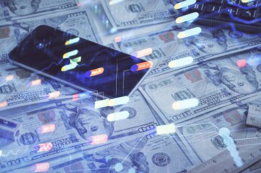 İki kez veri temasına maruz kalınca dolar banknotları arka planda kalıyor. Teknoloji konsepti.
