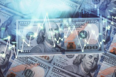 Forx grafiğinin çok sayıda görüntüsü bize dolar banknotları arka planında görünüyor. Finansal başarı piyasası kavramı.