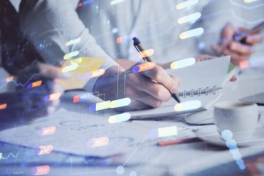 Veri temalı çizimin arka plan yazan insanların üzerine çifte pozlanması. Teknoloji kavramı