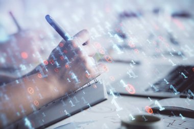 Veri temalı çizimin arka plan yazan insanların üzerine çifte pozlanması. Teknoloji kavramı