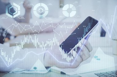 Bir adamın elini tutarken ve dijital bir cihaz ve ön grafik çizimi kullanırken çift pozlama. Finansal piyasa kavramı.
