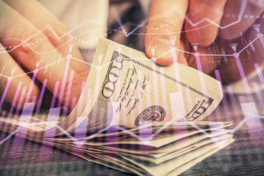 Forx grafiği, hologram, Amerikan dolarları ve insan eli çizimleri. Teknik Analiz kavramı.