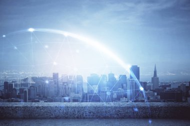 Sosyal ağ tema çizimi ve şehir manzarası arka planına çift pozlama. Bağlantı insanları kavramı.