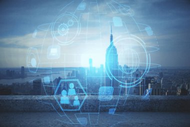 Sosyal ağ tema çizimi ve şehir manzarası arka planına çift pozlama. Bağlantı insanları kavramı.