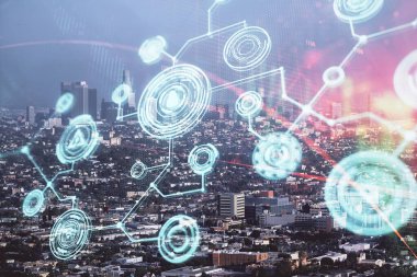 Sosyal ağ tema çizimi ve şehir manzarası arka planına çift pozlama. Bağlantı insanları kavramı.