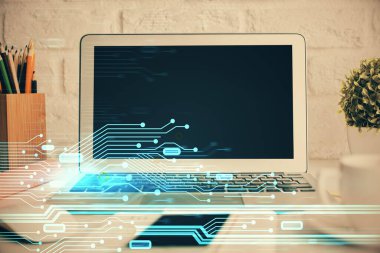 Arka planda kişisel bilgisayarı ve teknik tema çizimi olan iki kat masaüstü görüntüsü. Büyük Veri Kavramı.