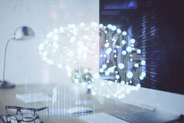 Bilgisayar ve insan beyninin hologram çizdiği çalışma alanının iki katına çıkarılması. Beyin fırtınası konsepti.
