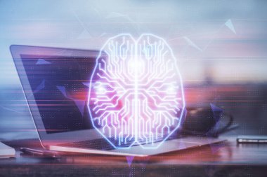Bilgisayar ve insan beyin hologramıyla çalışma alanının çoklu açığı. Beyin fırtınası konsepti.