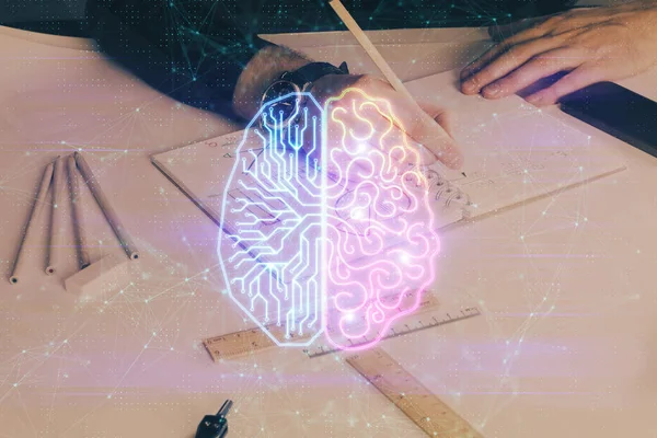 Brain Multi Exposure Icon Man Hands Background Concept Learning — Stock Photo, Image