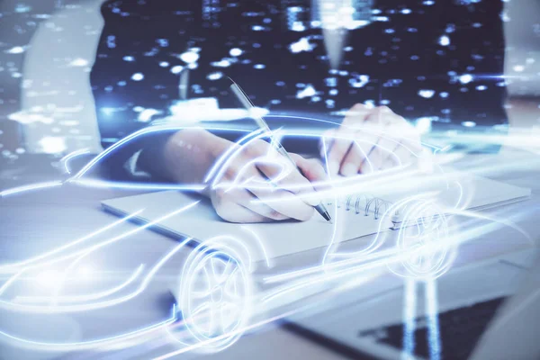 Tech autopilot theme hologram over woman's hands taking notes background. Concept of hightech. Double exposure