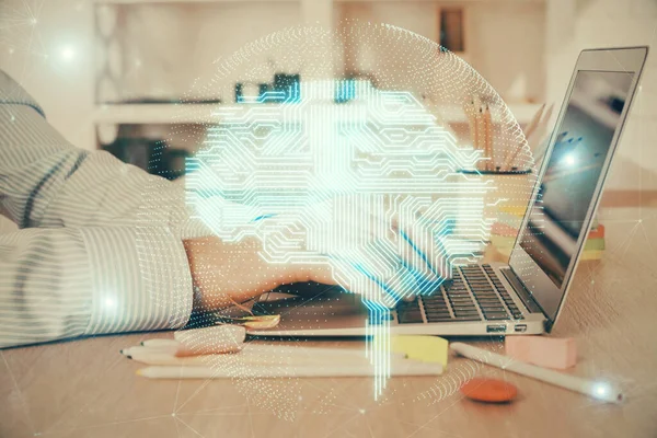 Hombre Escribiendo Fondo Del Teclado Con Holograma Cerebral Concepto Big —  Fotos de Stock