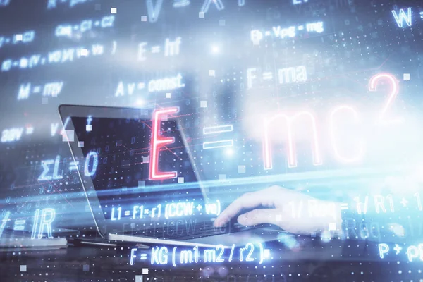 Science Formula Hologram Man Working Computer Background Education Concept Double — Stock Photo, Image