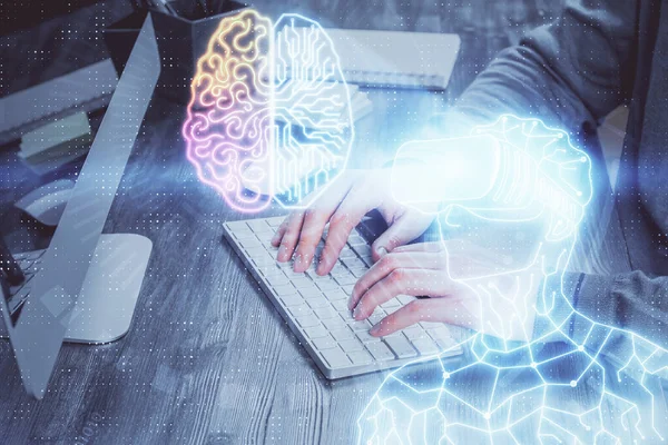 Holograma Com Homem Trabalhando Computador Segundo Plano Conceito Realidade Aumentada — Fotografia de Stock