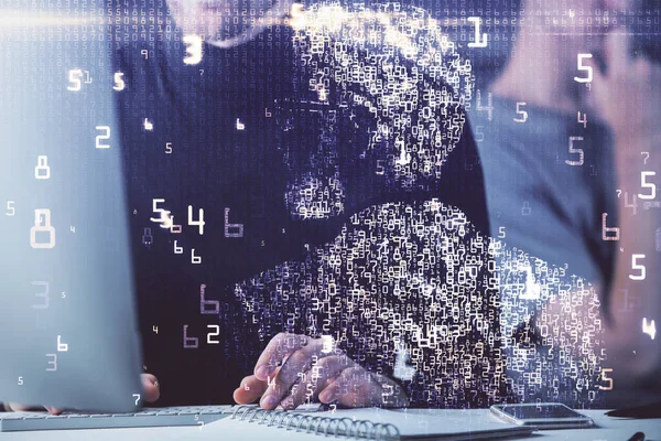 Hologramme Thème Technologie Avec Homme Travaillant Sur Ordinateur Sur Fond — Photo
