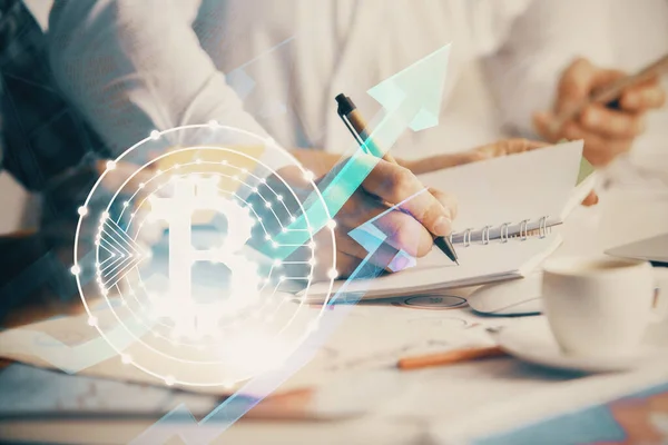 Double Exposure Blockchain Theme Drawing People Taking Notes Background Concept — Stock Photo, Image