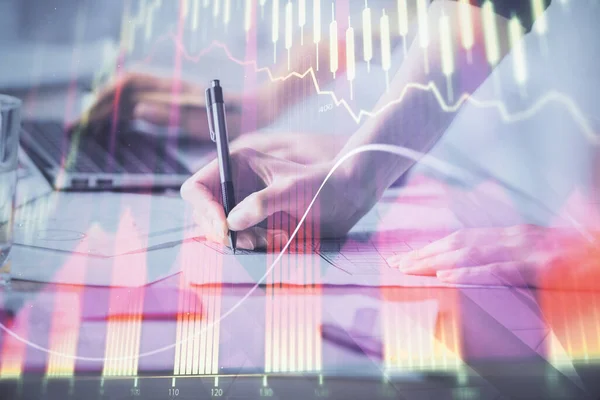 Multi Exposure Woman Hands Typing Computer Financial Chart Hologram Drawing — Stock Photo, Image