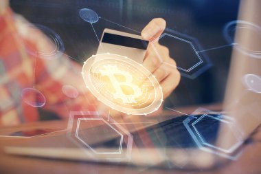 Elinde kredi kartı ve şifreli iş teması çizimi olan bir adamın çift pozu. Dijital engelleme zinciri ve E-ticaret kavramı.