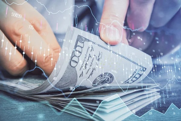 Forx grafiği, hologram, Amerikan dolarları ve insan eli çizimleri. Teknik Analiz kavramı.