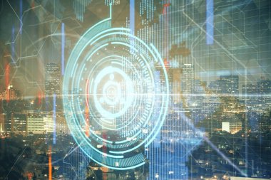 Veri temalı hologram gökdelenler arka planda çoklu pozlama ile şehir görünümüne çizim yapıyor. Ai kavramı.