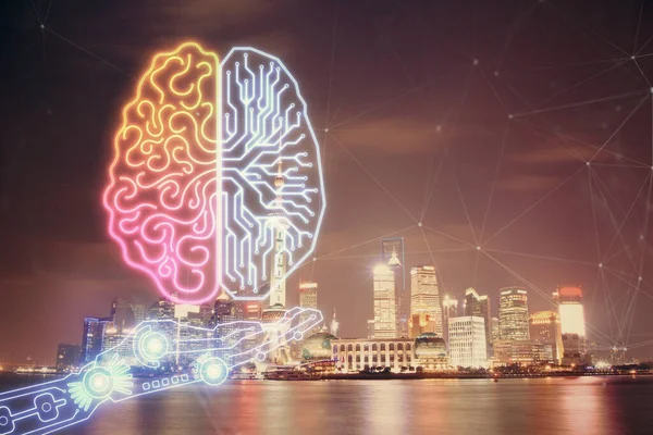 Brain Hologram Drawing City Scape Background Double Exposure Konsep Brainstorming — Stok Foto