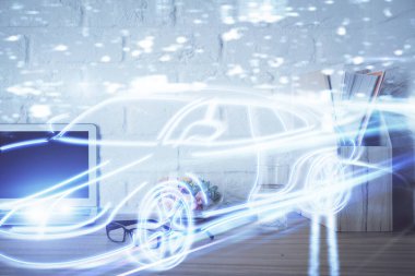 Otomobil hologramı çizimi olan masaüstü bilgisayar arkaplanı. Çoklu maruz kalma. Teknoloji kavramı.