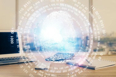 Ofisteki bilgisayarın parmak izi çizimi. Çifte maruziyet. İş veri güvenliği kavramı.