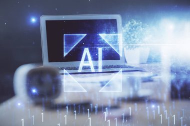 Masaüstü bilgisayarı ve teknoloji temalı holograma çift pozlama. Yazılım geliştirme kavramı.