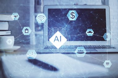 Bilgisayarın arka plan ve teknoloji temalı çizimlerine çoklu maruz kalma. Yenilik kavramı.