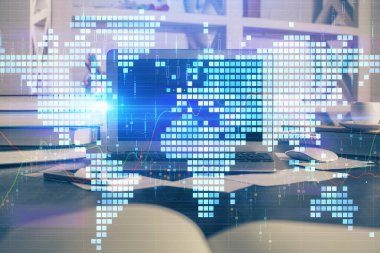 İş teması simgelerinin çoklu pozlandırılması ve bilgisayar geçmişi olan masa. Başarı kavramı.