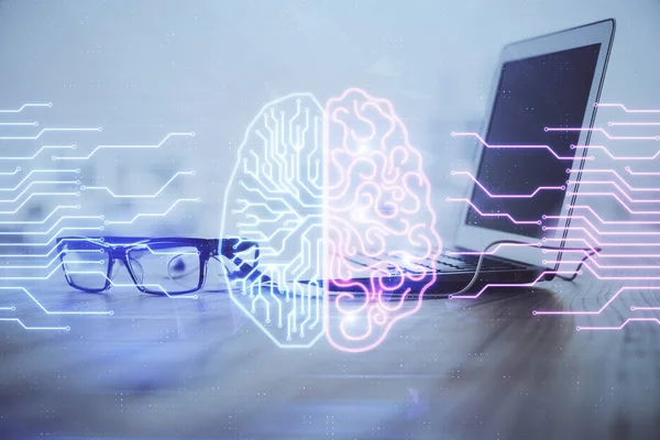 Bilgisayar Beyin Hologramı Ile Çalışma Masasının Çoklu Açığı Beyin Fırtınası — Stok fotoğraf