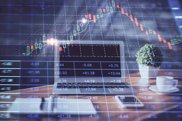 Financiële Grafiek Tekening Tabel Met Computer Achtergrond Dubbele Belichting Begrip — Stockfoto