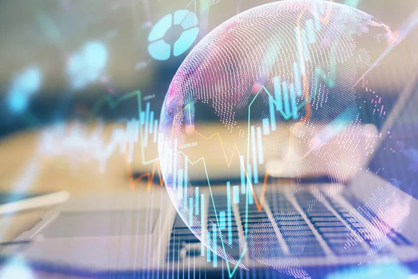 Multi exposure of graph and financial info and work space with computer background. Concept of international online trading.