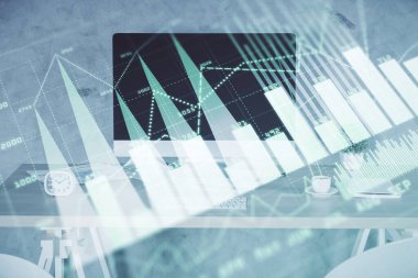 Finansal grafik çizimi ve ofis içi arka planının çoklu pozu. Pazar analizi kavramı.