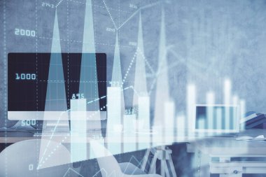 Finansal grafik çizimi ve ofis içi arka planının çoklu pozu. Pazar analizi kavramı.